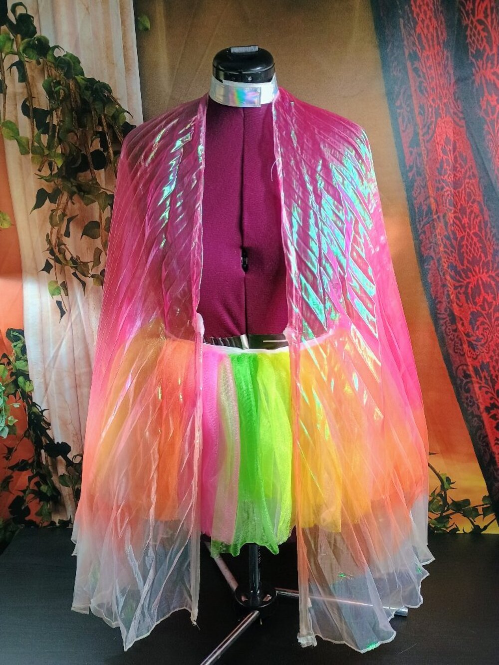 Pleated Wing Cape OS Women Neon, Pink & Orange Iridescent Choker Collar Rave